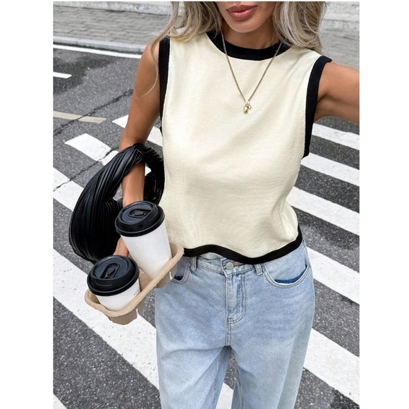 Knit Sleeveless Top Off White with Black Contrast Binding Tie Back - Picture 5 of 11